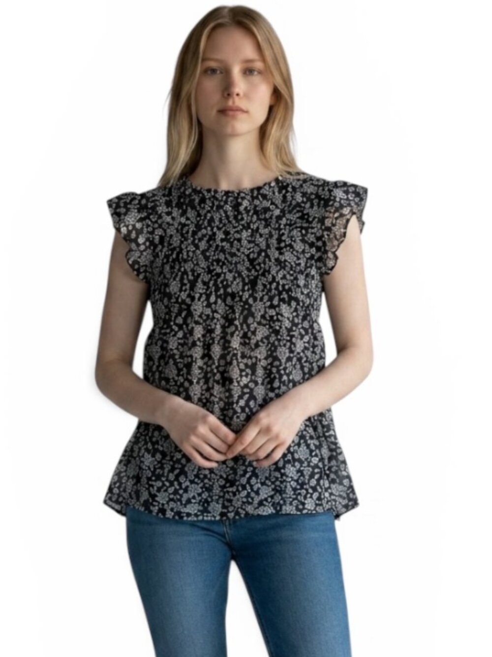 BeachLunchLounge Floral Toile Ruffle Top Black White Pintucked Blouse Women’s XS